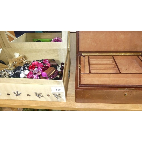 619 - Leather Jewellery Box & Box Of Costume Jewellery.