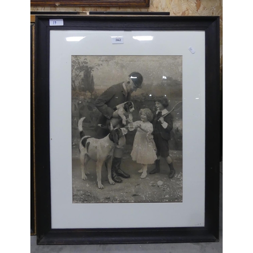 2062 - Framed Print, 1907, Fox Hounds with Children, approx 37 x 49cm.