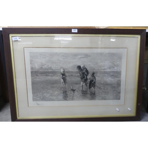 2071 - Framed Print - Children on Beach, approx 66 x 37cm.