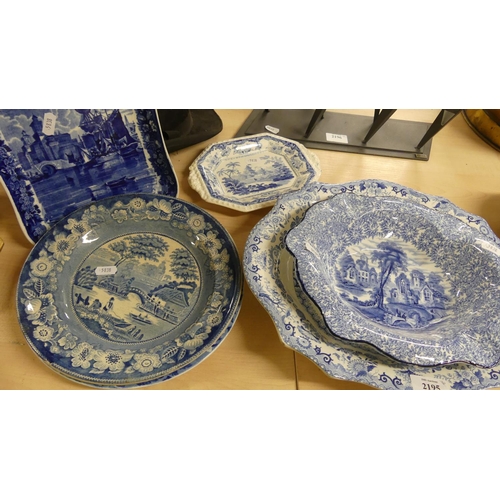 2195 - Assorted Blue & White Transfer Printed Plates & Bowls.