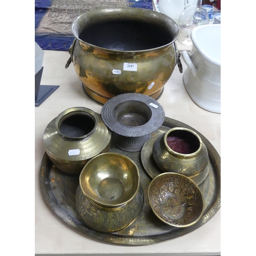 2197 - Large Brass Two Handled Coal Depot, Indian Brass Tray & Assorted Vase & Bowls.