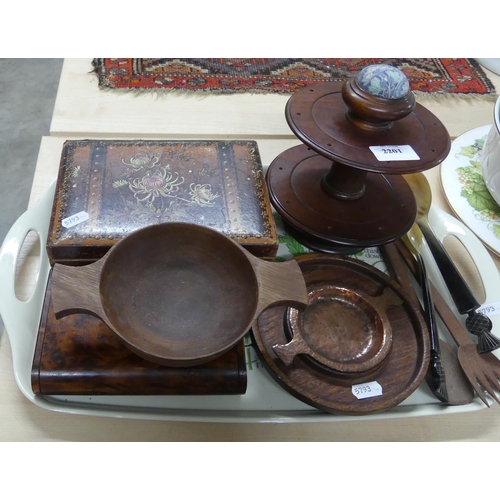 2201 - Tray Lot - Horn Spoons, Treen Quaich, Thread Holder, Hammered Copper Dish on Stand etc.