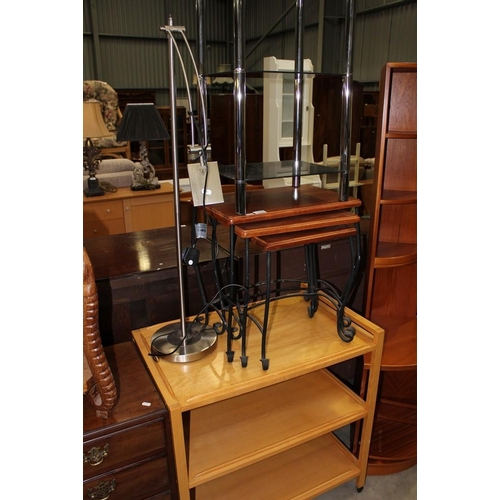 3244 - Nest Of 3 Tables, Reading Lamp, Glass Occasional Table & Three Tier Trolley.