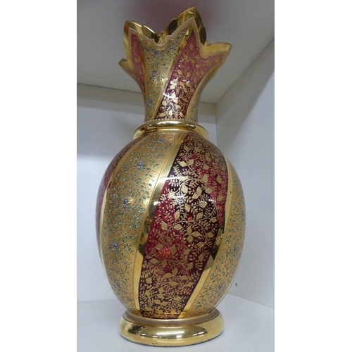 1076 - Bohemian Ruby Gilt Glass Vase, approx 30cm tall.