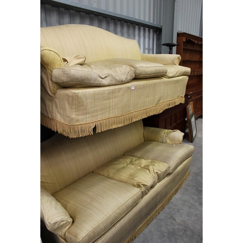 3019 - Pair Of  3 Seat Gold Fabric Upholstered Sofas.