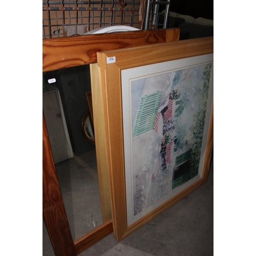 3148 - 2 Large Framed Prints, Large Pine Framed Mirror & Painted Single Headboard.