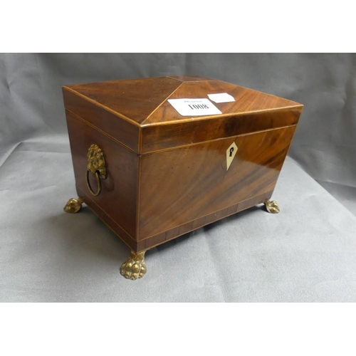 1008 - Antique Mahogany & Satinwood Inlaid Box, brass lion mask handles & paw feet.