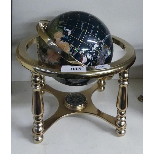 1009 - Modern Semi-Precious Stone inlaid Terrestrial Globe on brass stand.