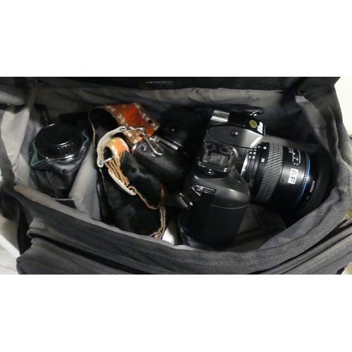 1015 - Camera Bag Containing Assorted Cameras & Accessories - Panasonic, Nikon, Pentax etc.