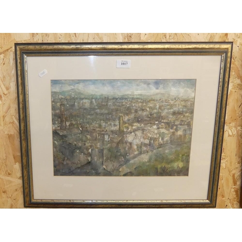 1017 - Framed Watercolour - City Skyline, approx 40 x 28cm.