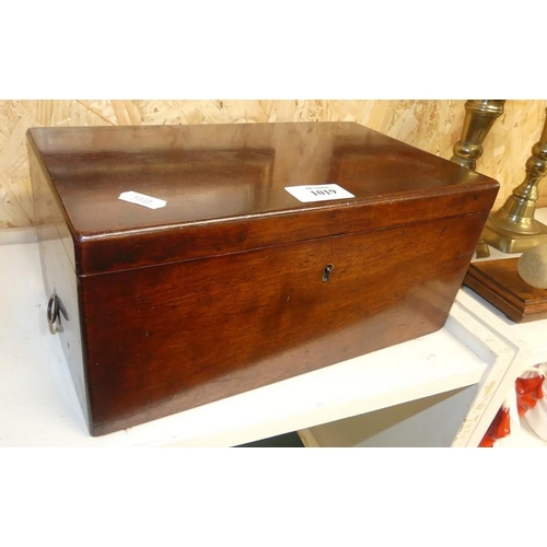 1019 - Antique Mahogany Box - containing, magnifying glass, mop card case (af), fountain pen etc.