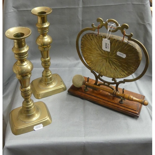 1028 - Pair of Brass Candlesticks and Oak Mounted Brass Gong & Beater.