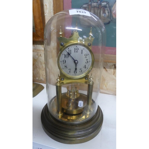 1029 - 30 Day Brass Glass Domed Mantel Clock.