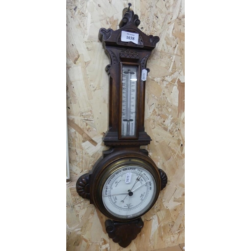 1038 - Victorian Oak Cased Barometer (glass face damaged).