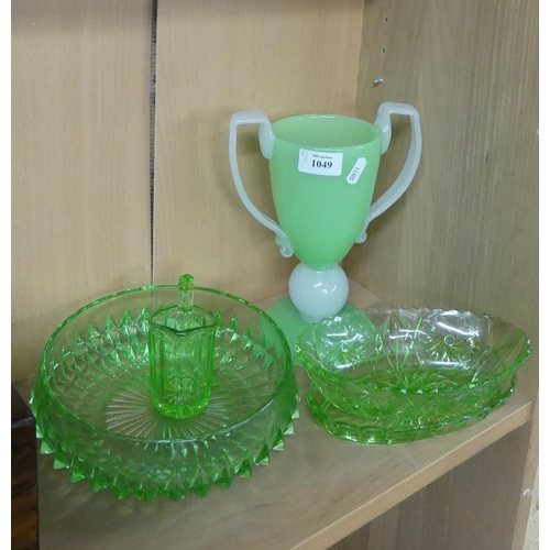 1049 - Art Glass Trophy Vase & Four Pieces of Green Pressed Glassware.