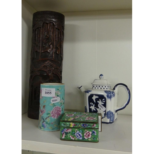 1055 - Collection of Oriental Wares - Bamboo Vase, Worcester Teapot (AF), two Enamel Pieces & Spill Vase.