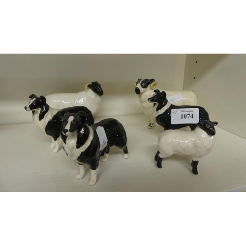 1074 - Six Beswick Figures - Three B & W Collie Dogs, Ram, Ewe & Lamb.