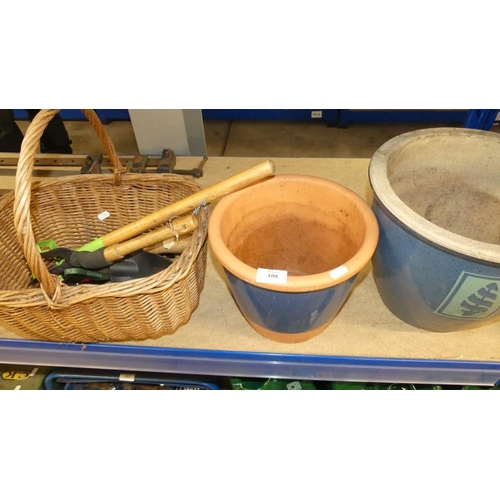 108 - Wicker Shopping Basket, 2 Plant Pots & Assorted Garden Tools