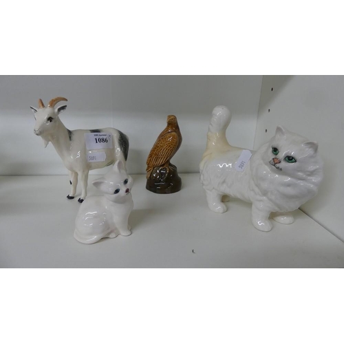 1086 - Beswick Goat, Two Cats & Beneagles Whisky Miniature (empty).