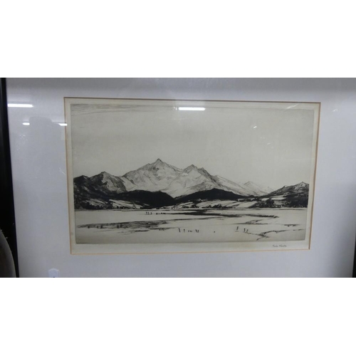 1124 - Framed Etching, Highland Landscape by Freda Marston, approx 30 x 17cm.