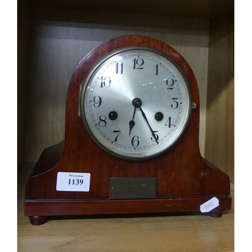 1139 - Mahogany Cased Mantle Clock Won By D Fowlis, Cowdenbeath Wednesday Football Club 1931/32.