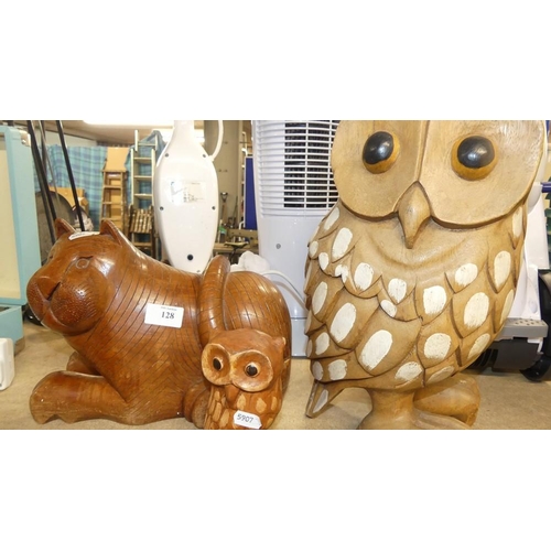 128 - Carved Wooden Cat  & 2 Carved Wooden Owls