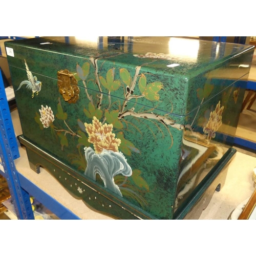 252 - Chinese Green Lacquered Blanket Box with painted detail.