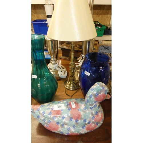 357 - Ceramic Duck, Art Glass Vases & Assorted Lamps