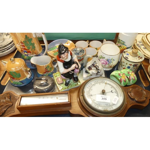 359 - Tray - Barometer, Miniature Curling Stone, Japanese Tea Set, etc