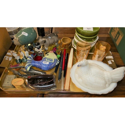 367 - Tray - Milk Glass Hen On Nest, Mary Gregory Glasses, Collectors Pens, etc