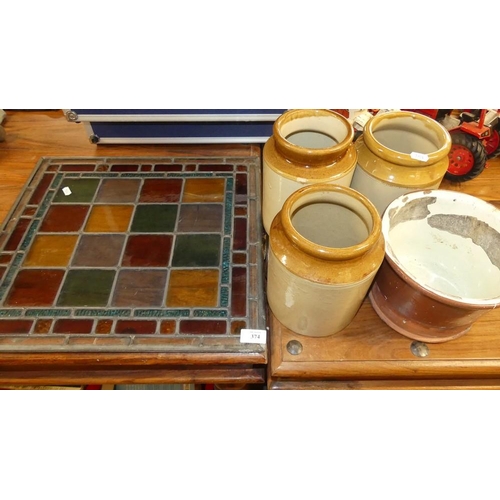 374 - 4 Stoneware Jars & Stained Glass Panel