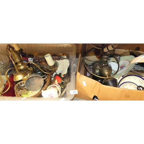 454 - 2 Boxes - Brass Light Fitting, Bellows, Assorted Glass & China