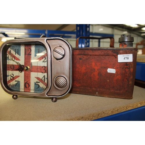 478 - Vintage Petrol Can & Metal Mantle Clock