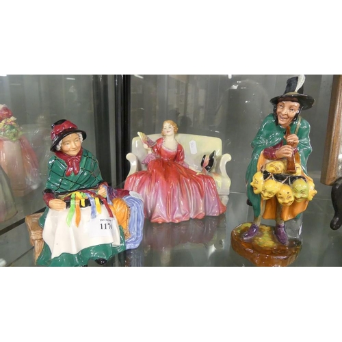 1176 - 3 Royal Doulton Figures - The Mask Seller, Silks & Ribbons & Sweet & Twenty.