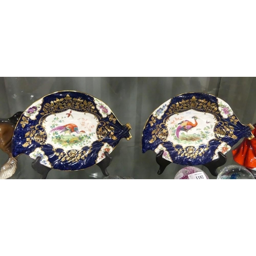 1180 - Pair Of Antique Leaf Shaped Shallow Dishes Decorated With Birds & Flowers In The Style Of Dr. Wall.