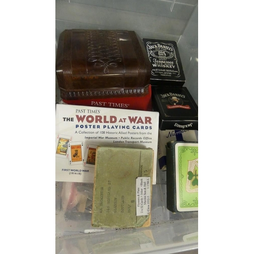 1216 - Box - Assorted Advertising Playing Cards & Vintage Bakelite Playing Card Holder.