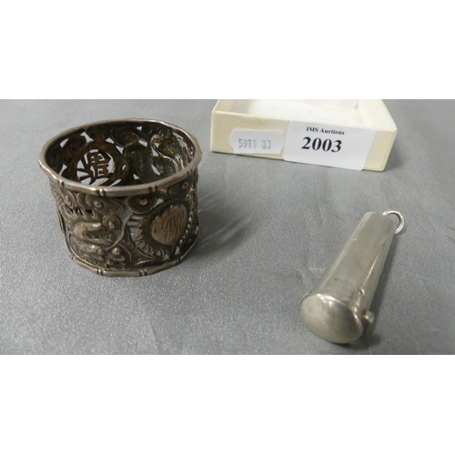 2003 - Chinese Silver Dragon Napkin Ring and Silver Cigar Holder Case