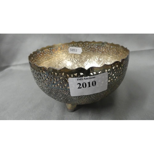 2010 - Finely Engraved Indian White Metal Bowl Supported on Three Short Splayed Legs.