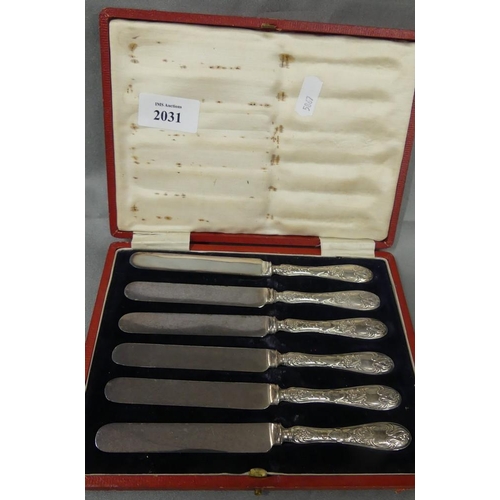 2031 - Cased Set of Six Silver Mounted Afternoon Tea Knives.