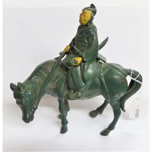 2041B - Painted Cast Metal Figure - Oriental Warrior on Horseback, approx 18cm tall.