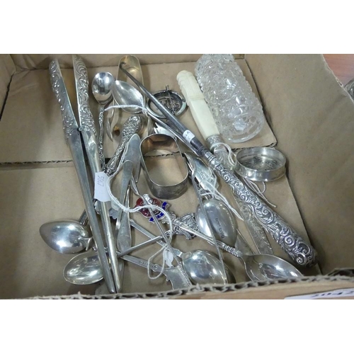 2042 - Box - Silver Mounted Glove Stretchers, Napkin Ring, Silver Souvenir Spoon, Silver Brooch etc.