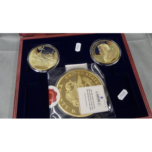 2077 - Three Various Oversized Gold Plated Coins.