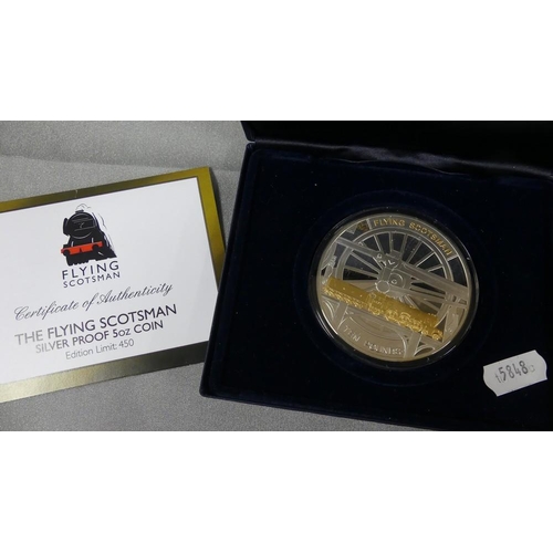 2091 - Cased Silver Proof £10 Coin 925 Silver Five Ounce Commemorative Flying Scotsman Ltd Edition of 33/45... 