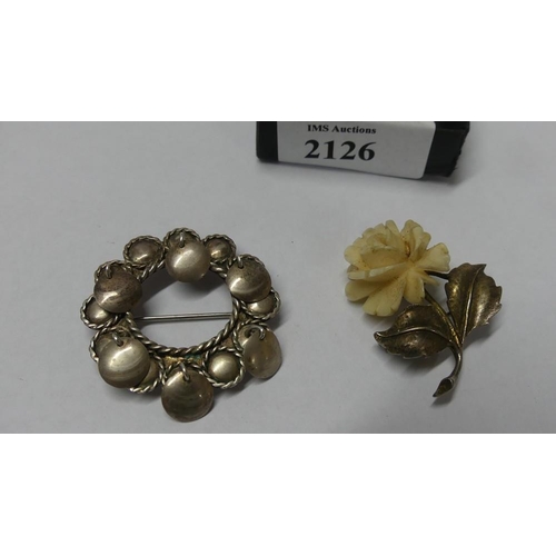 2126 - Silver Solje Brooch and a Carved Flower Silver Brooch