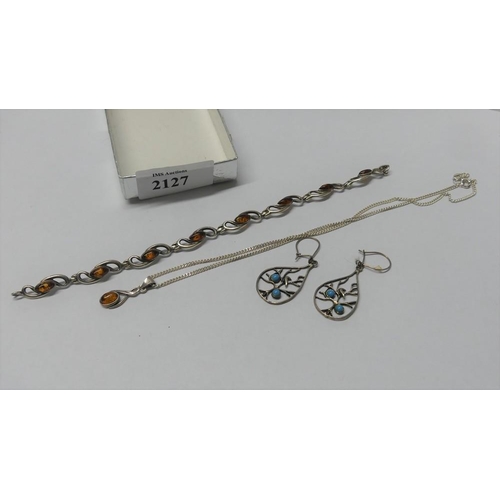 2127 - Silver Amber Bracelet and Pendant and Pair of Silver Turquoise Earrings