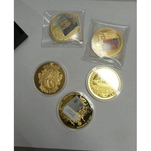 2148 - Five Oversized Gold Plated Commemorative Coins.