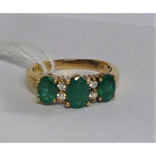 2156B - 18k Gold Dress Ring, Inset with Three Emeralds & four Diamond chips, size UK Q