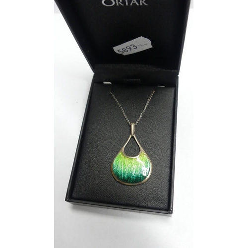 2165 - Ortak Silver Green Enamel Pendant in Box.