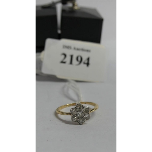 2194 - Art Deco 18ct Gold Platinum Diamond Flower Ring - UK size N.