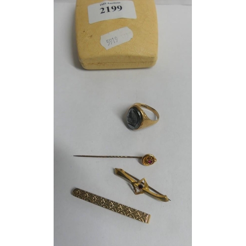 2199 - 9ct Gold Tie Pins, Bar Brooch, Signet Ring, total weight approx 12.5g.